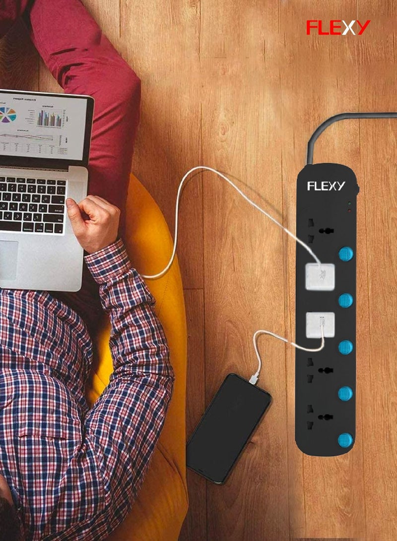 FLEXY 8 Meter 5-Way Extension Cord with Surge Protection, Auto-Detect Wire Connection, Green Lamp Indicator, and EMI/RFI Noise Filter for Secure and Efficient Use - Image 2